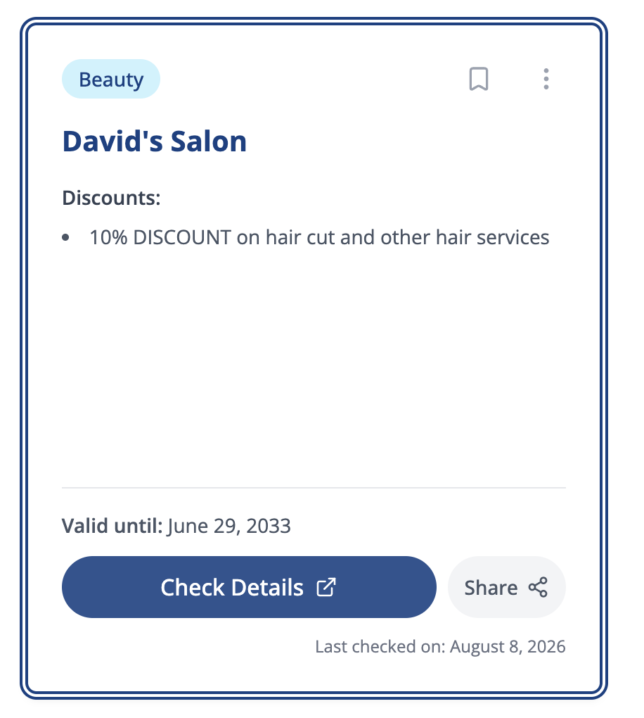 David's Salon card on chico.ph showing a 10% discount on hair cut and other hair services, valid until June 29, 2033, with a Check Details button