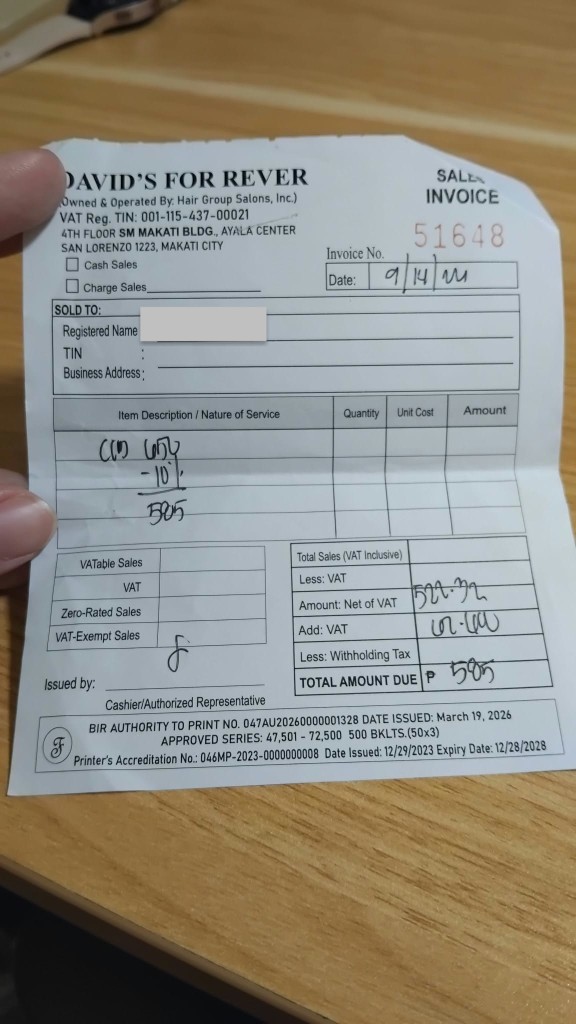 Sales invoice from the David's Salon visit at SM Makati. The registered name is covered. A handwritten -10% is on the invoice, and the total amount due is ₱505.